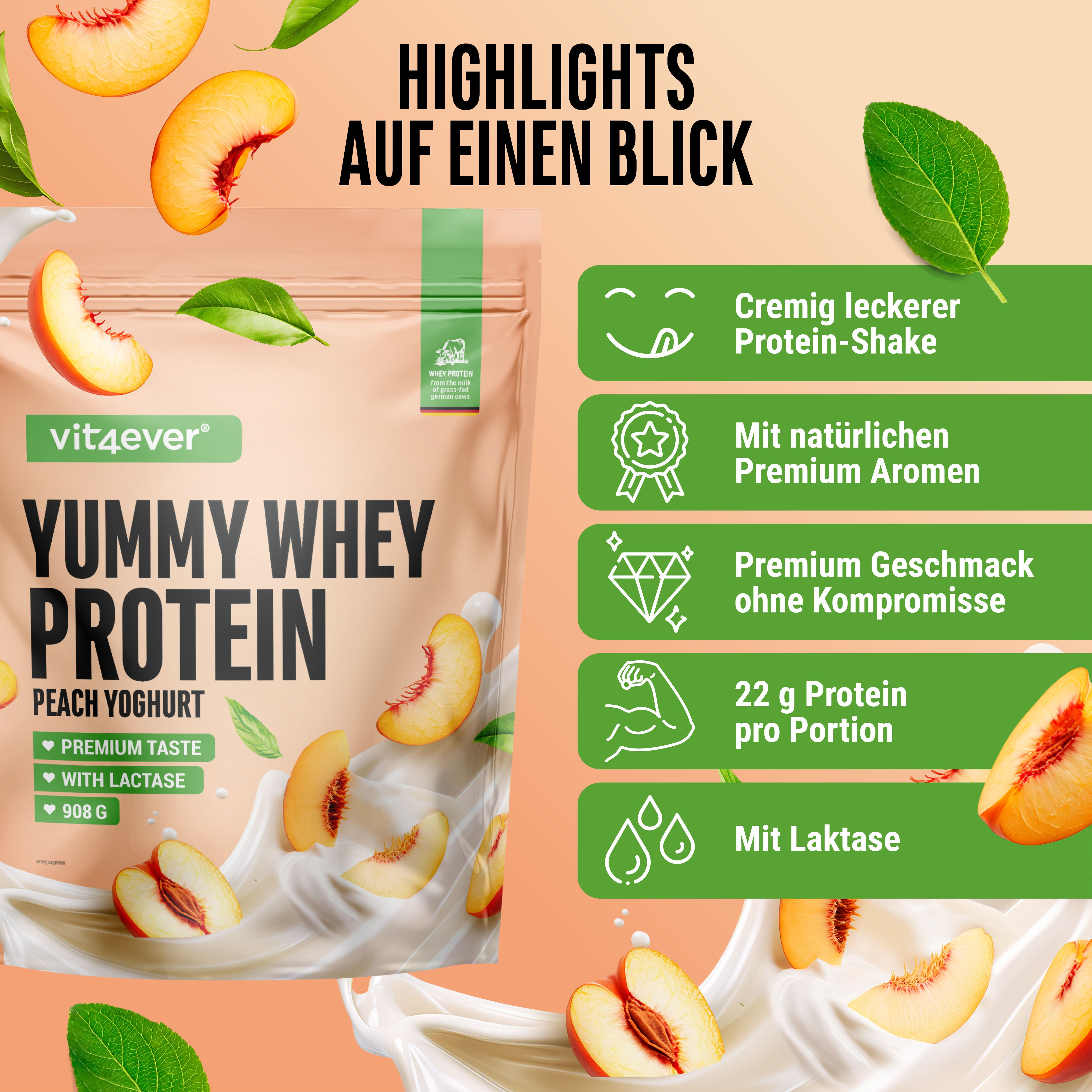 Yummy Whey Protein, Pfirsich-Joghurt. Highlights: Protein-Shake, natürliche Aromen, Premium-Geschmack, 22g Protein, Laktase.