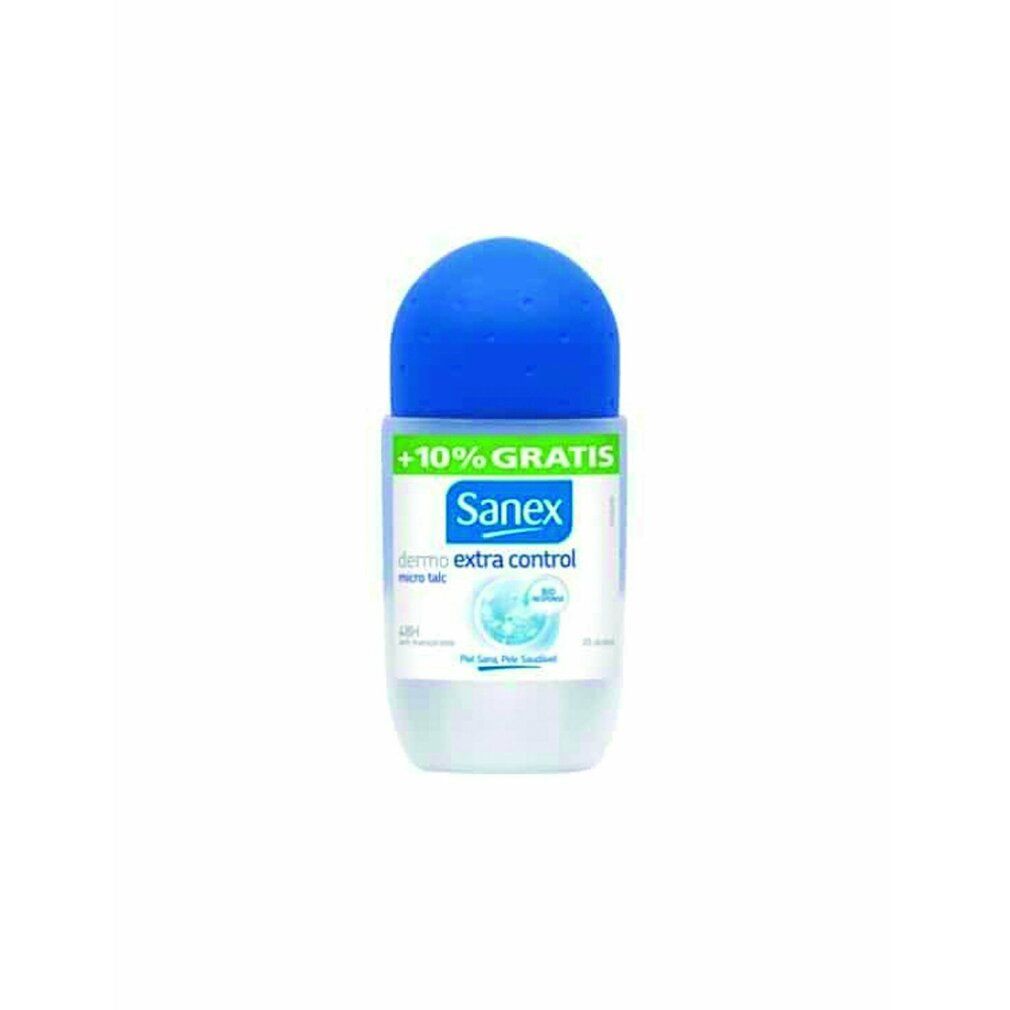 Sanex Dermo Extra Control Roll-On. Blaue Kappe, weißer Behälter. Text: Extra Control, +10% Gratis.