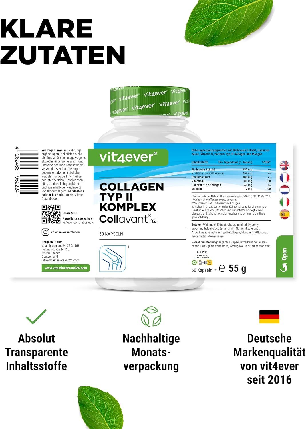 Vit4ever Collagène Typ II Komplex: Etikett mit Inhaltsstoffen, Nährwertangaben und Länderflaggen.