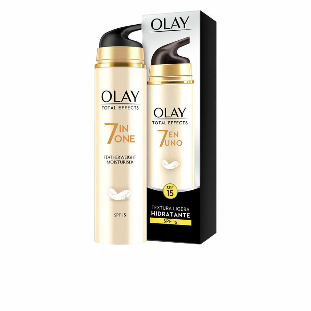 Olay Total Effects 7 In One Featherweight Moisturiser Spf15. Creme-Spender und Verpackung. Text: SPF 15, 7 in One, Featherweight Moisturiser.