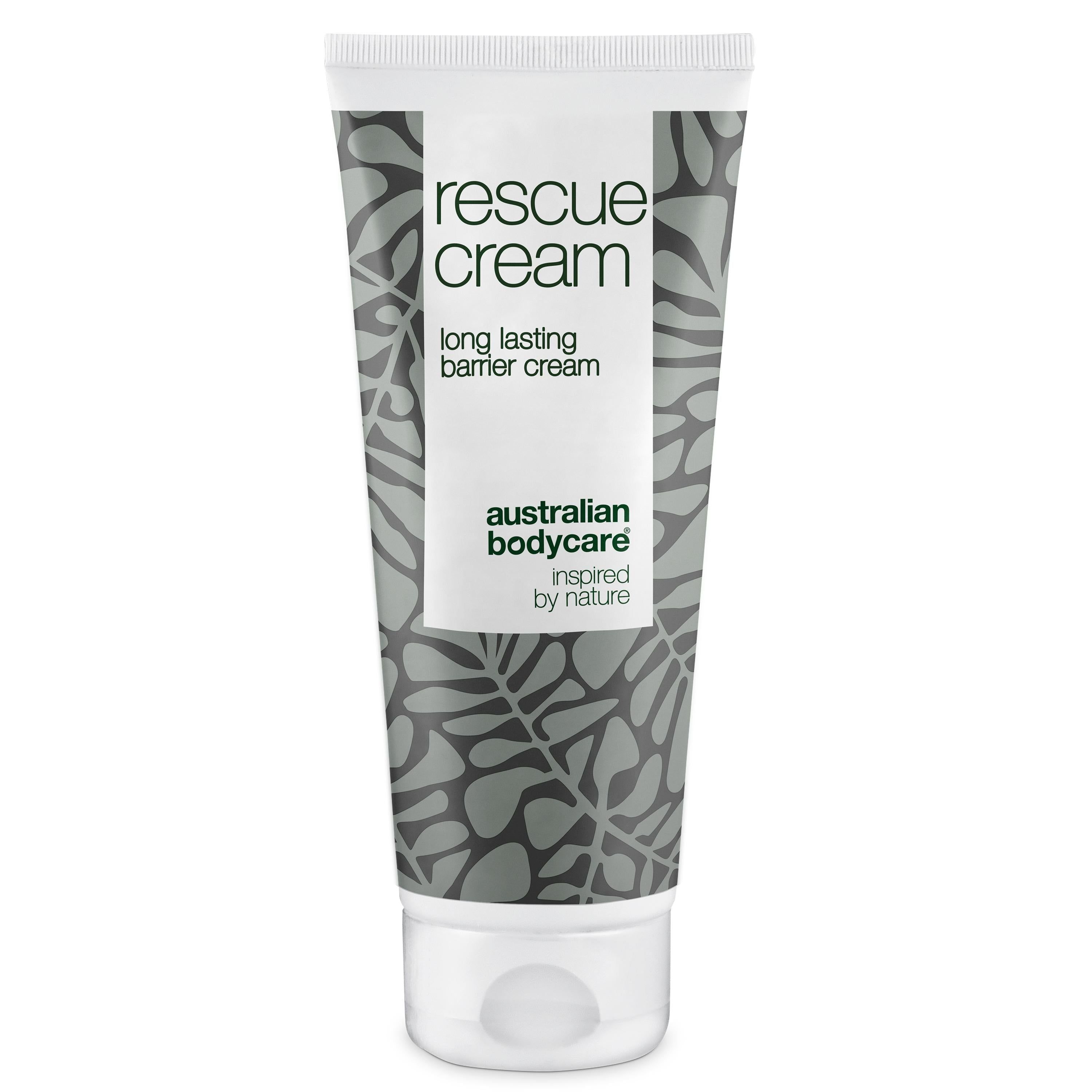 Tube mit Barrierecreme. Text: rescue cream, long lasting barrier cream, australian bodycare.