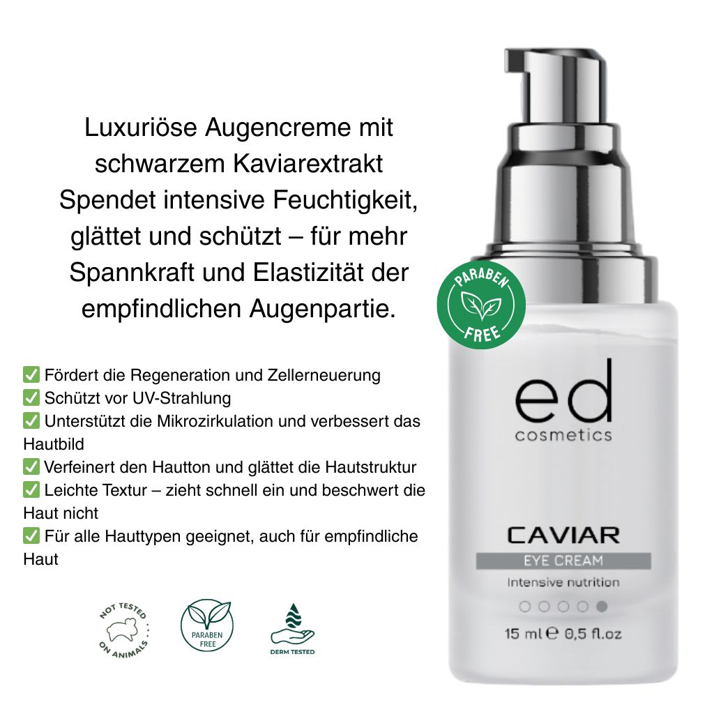 Augencreme-Flakon mit silbernem Pumpkopf. Text: ED cosmetics, Caviar Eye Cream, 15 ml. Mit grünen Logos.