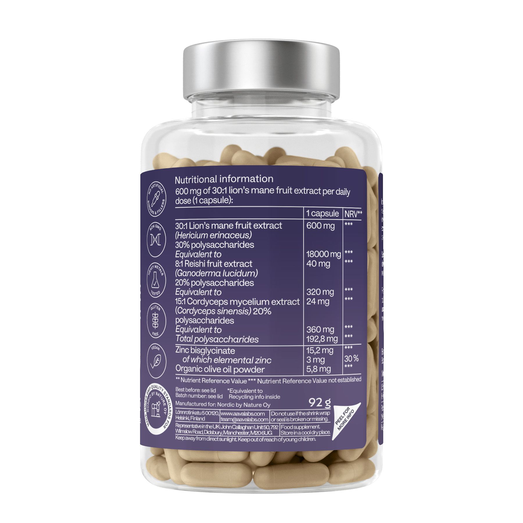 Rückseite der Flasche mit Nährwertangaben. Enthält 30:1 Löwenmähne-Extrakt, Reishi-Extrakt, Cordyceps-Extrakt und Zink.