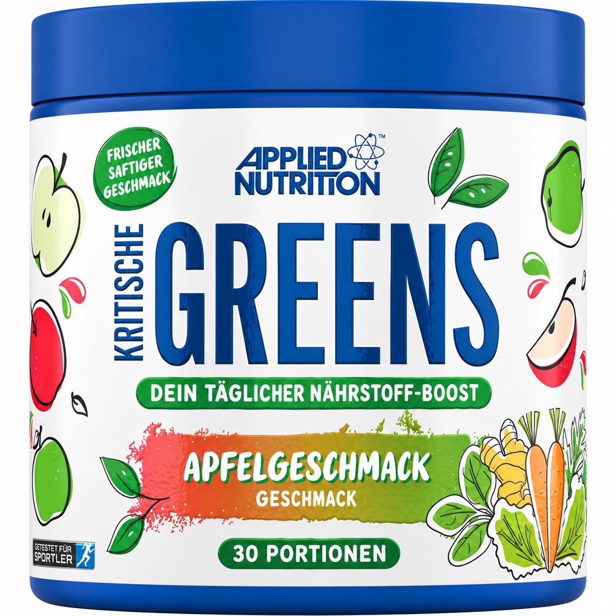 Zutaten für Applied Nutrition Critical Greens: Sellerie, Weizengras, Petersilie, Brunnenkresse, Rote Bete, grüner Tee, Brokkoli, Grünkohl.