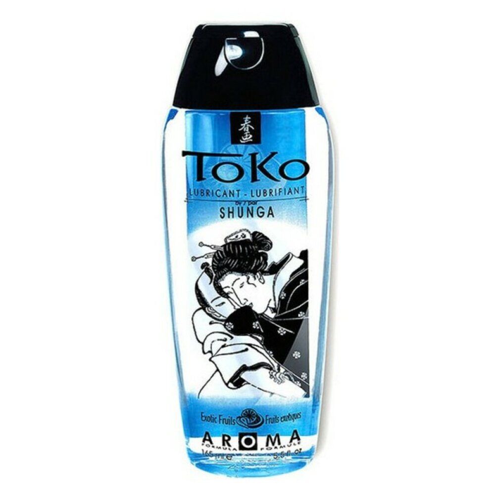 Flüssiges Gleitmittel in einer Flasche mit schwarzem Deckel. Aufschrift: Toko, Shunga, Aroma Exotic Fruits. Abbildung: Frau.