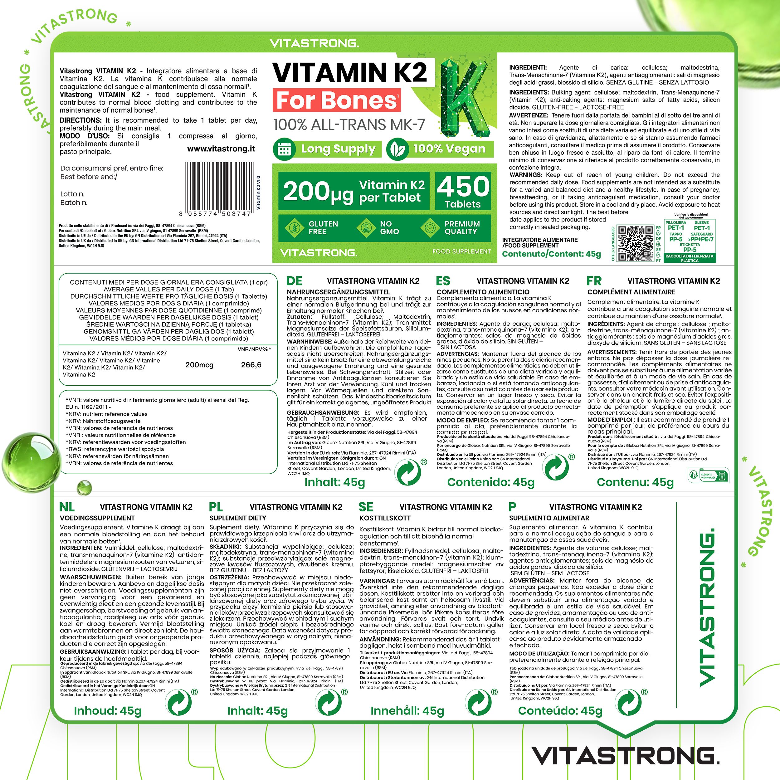 Rückseite der Vitamin K2-Verpackung. Mehrsprachiger Text. Inhaltsstoffe, Anwendungshinweise, Nährwertangaben.