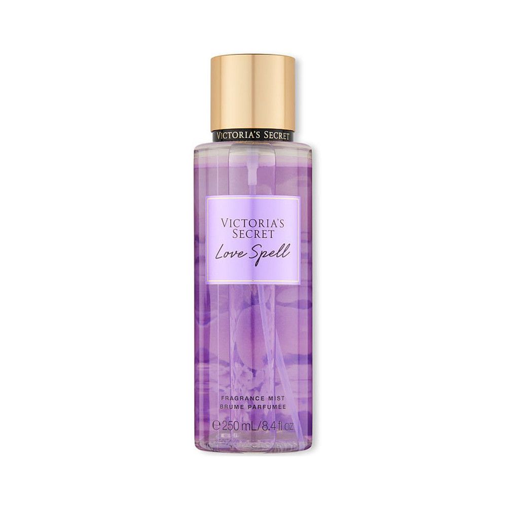 Körperspray mit goldfarbenem Deckel. Auf dem Etikett steht "Victoria's Secret Love Spell".