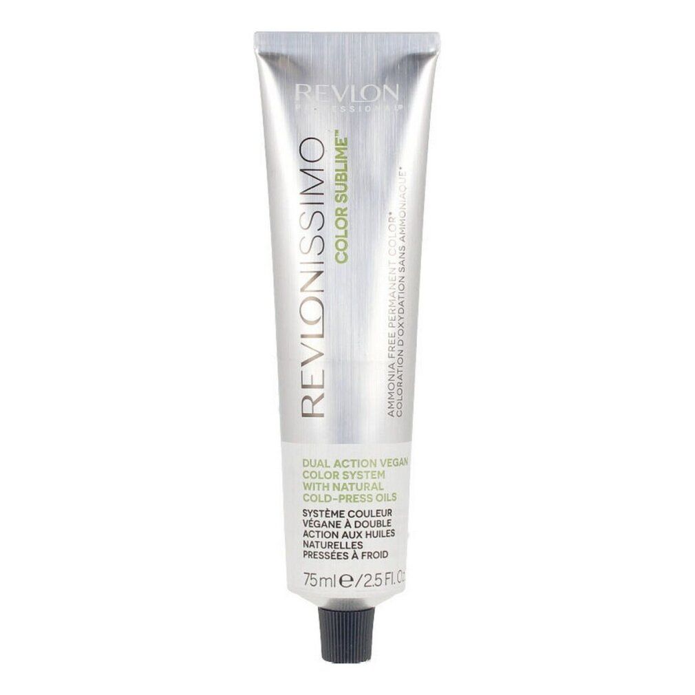 Silberfarbene Tube mit schwarzem Verschluss. Aufschrift: Revlonissimo Color Sublime. Text in Grün und Weiß. 75ml/2.5 fl.oz.