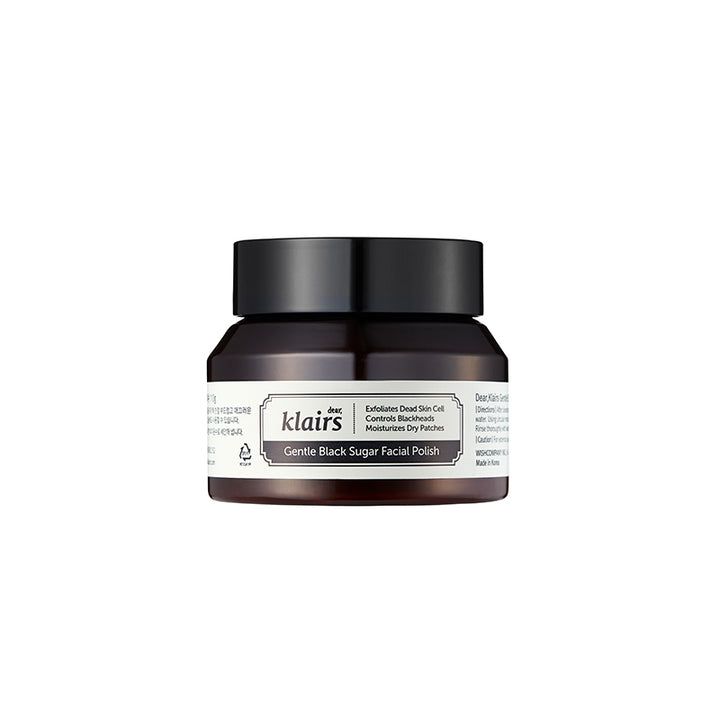 Braune Creme in einem schwarzen Glas mit schwarzem Deckel. Aufschrift: dear, klairs Gentle Black Sugar Facial Polish.
