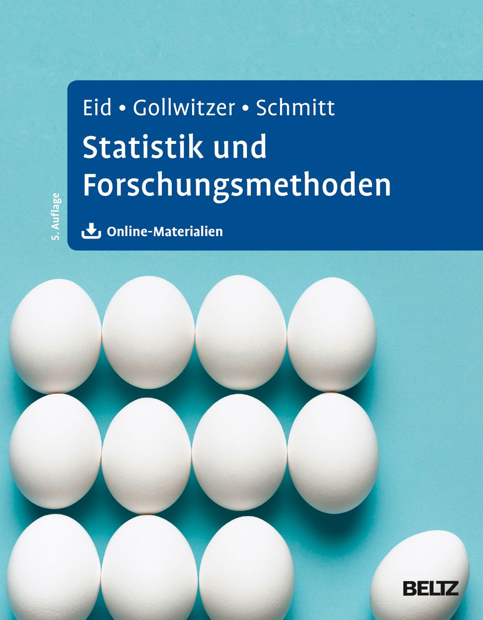 Buchcover mit Titel "Statistik und Forschungsmethoden". Autoren: Eid, Gollwitzer, Schmitt. Verlag: Beltz. Auf blauem Grund Eier angeordnet.