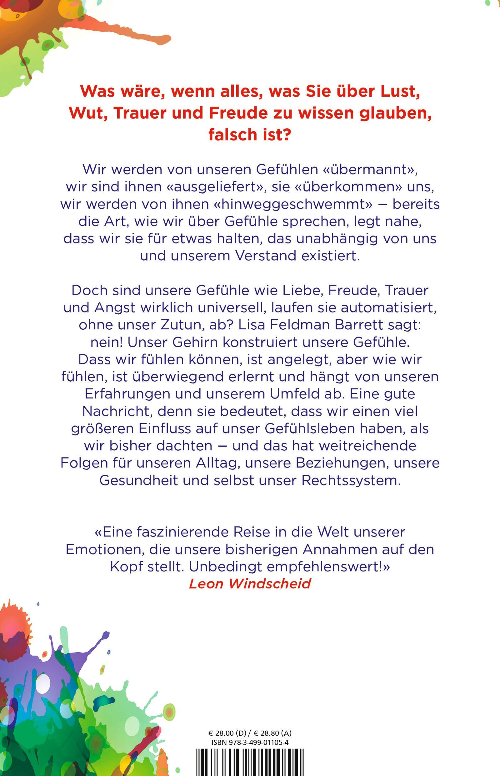 Buchrückseite von "Wie Gefühle entstehen". Text in deutscher Sprache. Verlag: Rowohlt Polaris. Zitat von Leon Windscheid.