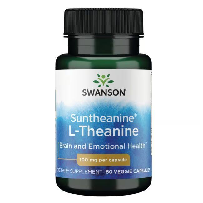 Grüne Flasche mit Kapseln. Aufschrift: SWANSON Suntheanin L-Theanin, 100 mg pro Kapsel. 60 Veggie-Kapseln.