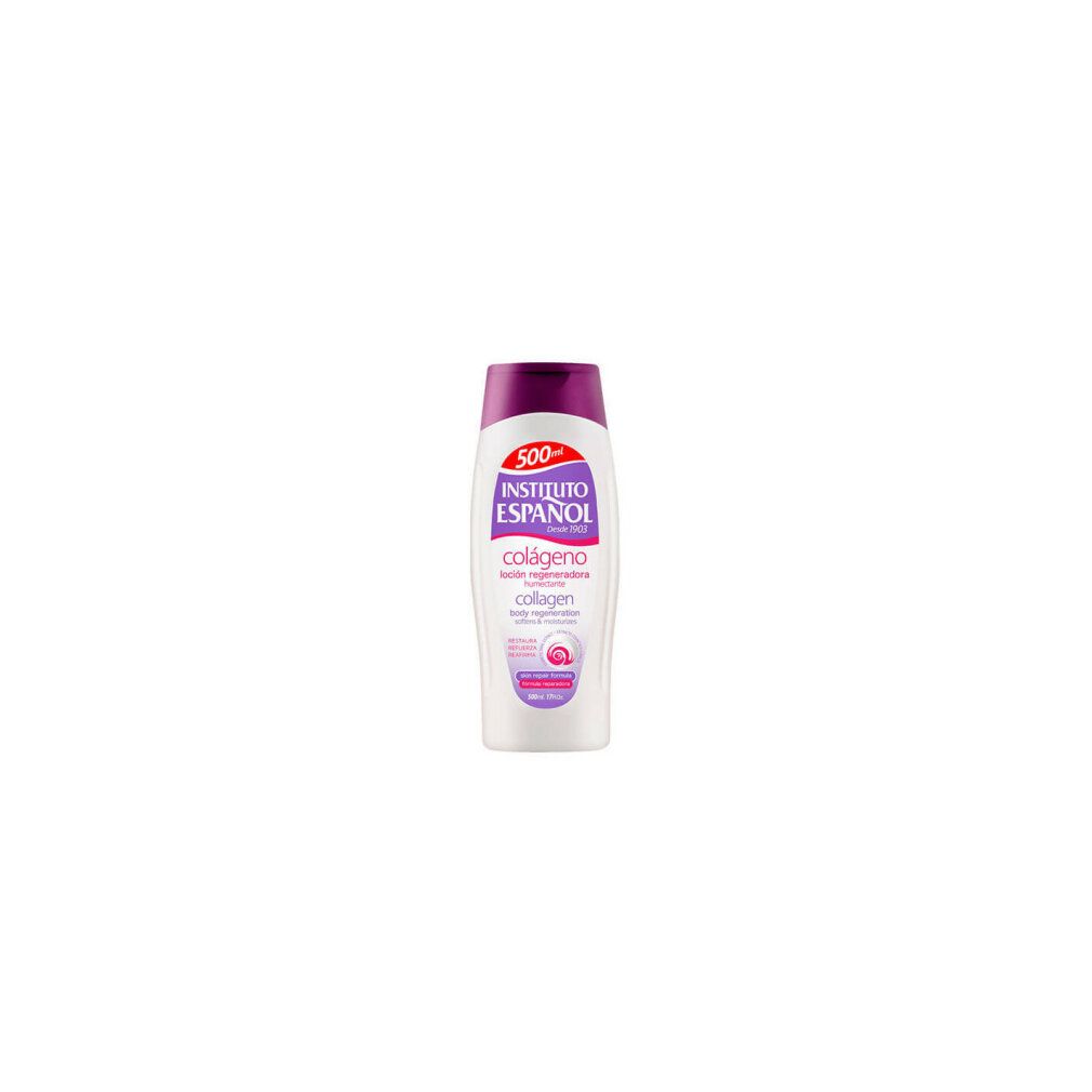 Weiß-lila Flasche Instituto Español Collagen Body Lotion. Text: Colágeno, body regeneration, skin repair formula. 500ml.
