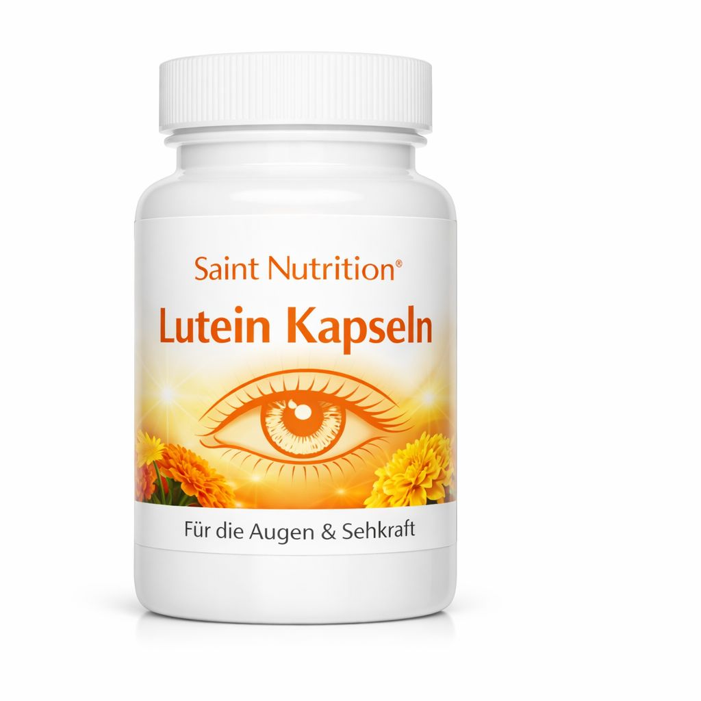 Weiße Flasche mit Kapseln. Aufschrift: Saint Nutrition, Lutein Kapseln. Abbildung eines Auges mit Blumen. Text: Für die Augen & Sehkraft.