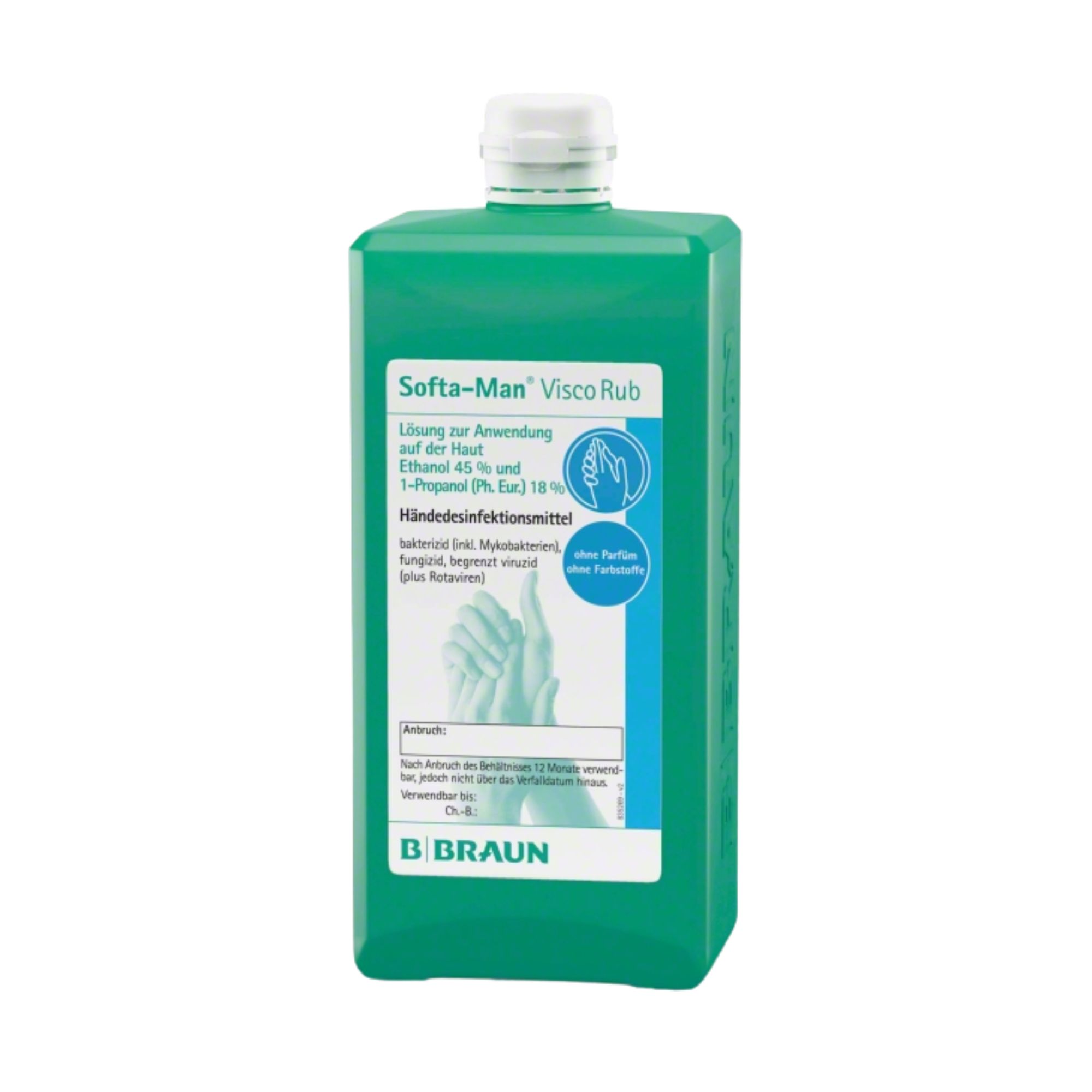 Grüne Flasche mit weißem Verschluss. Aufschrift: Softa-Man Visco Rub. Händedesinfektionsmittel. Marke: B. Braun. Mit Produktinformationen.