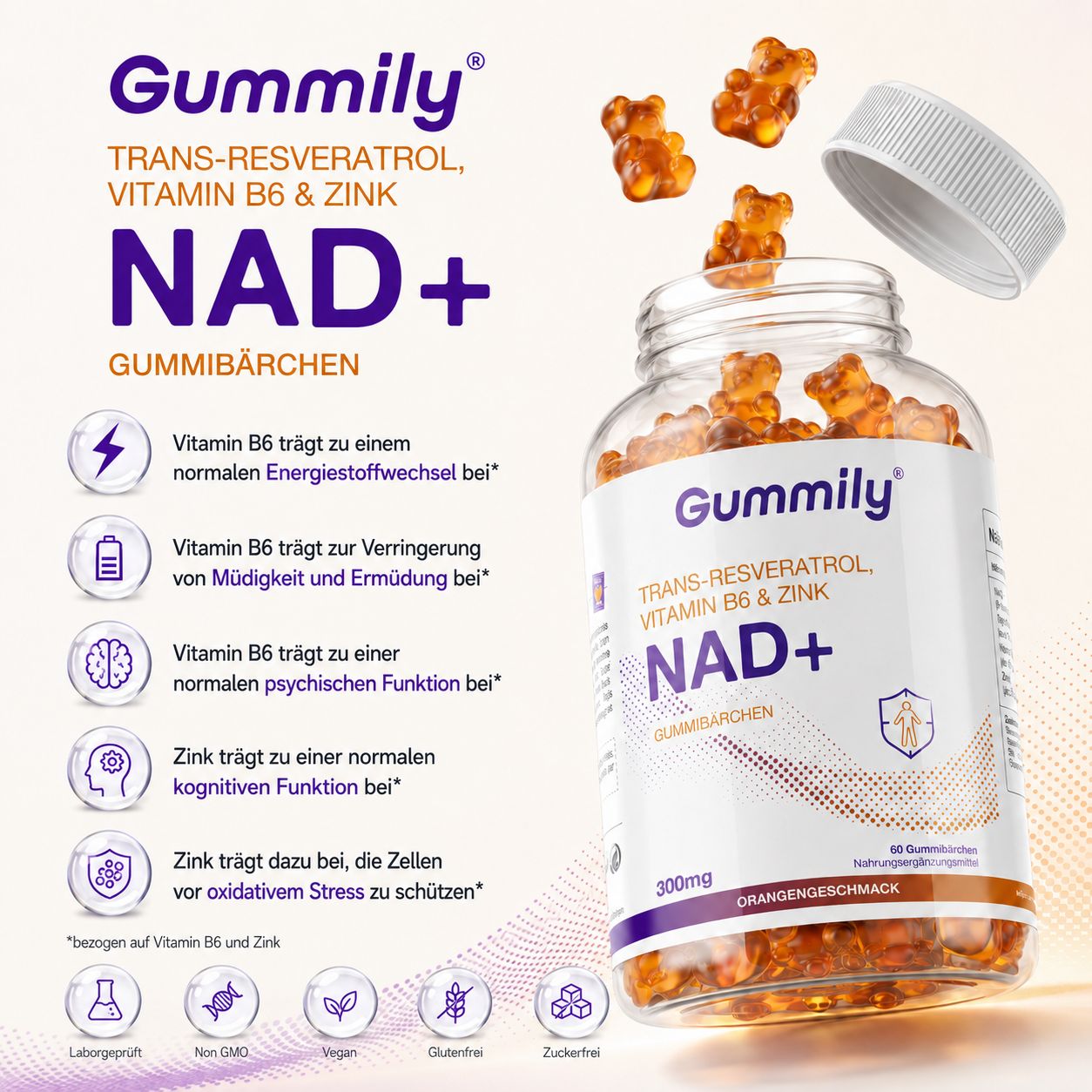 Gummibärchen-Flasche mit NAD+ Formel, Trans-Resveratrol, Vitamin B6 & Zink. Vorteile von Vitamin B6 & Zink.