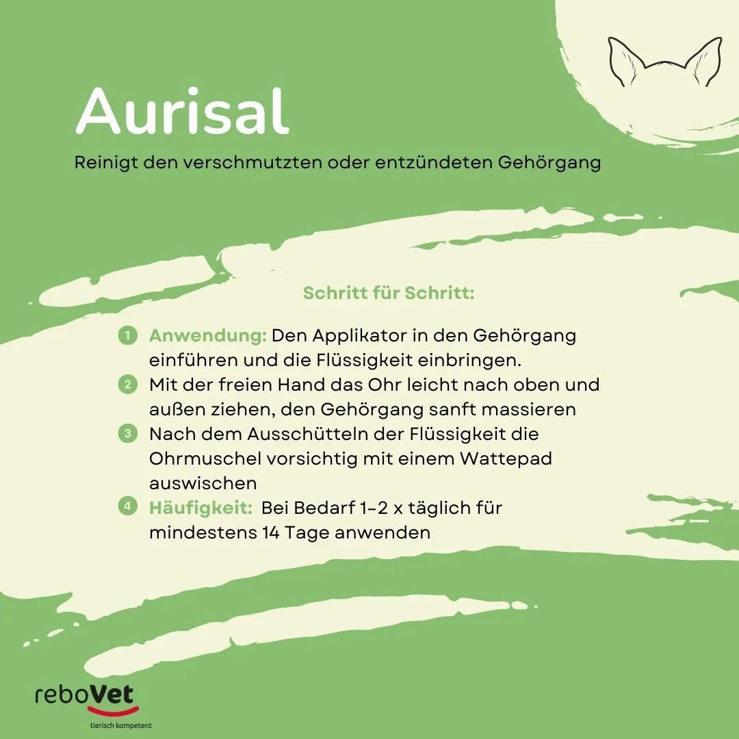 Aurisal: Schritt-für-Schritt-Anleitung zur Anwendung des Ohrreinigers für Tiere.
