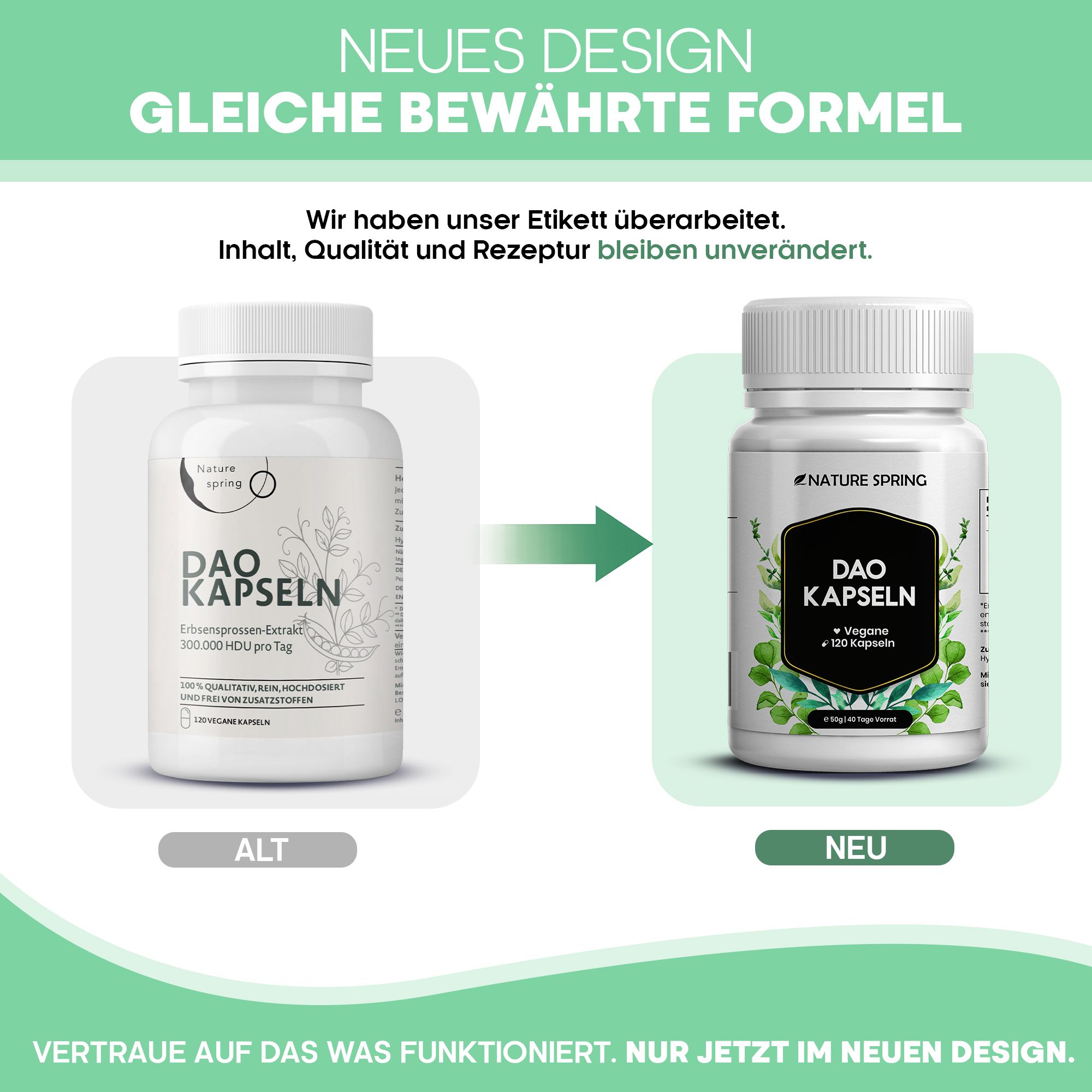 Vergleich: Alte und neue Verpackung von Nature Spring DAO Kapseln. Neue Version mit aktualisiertem Etikett.