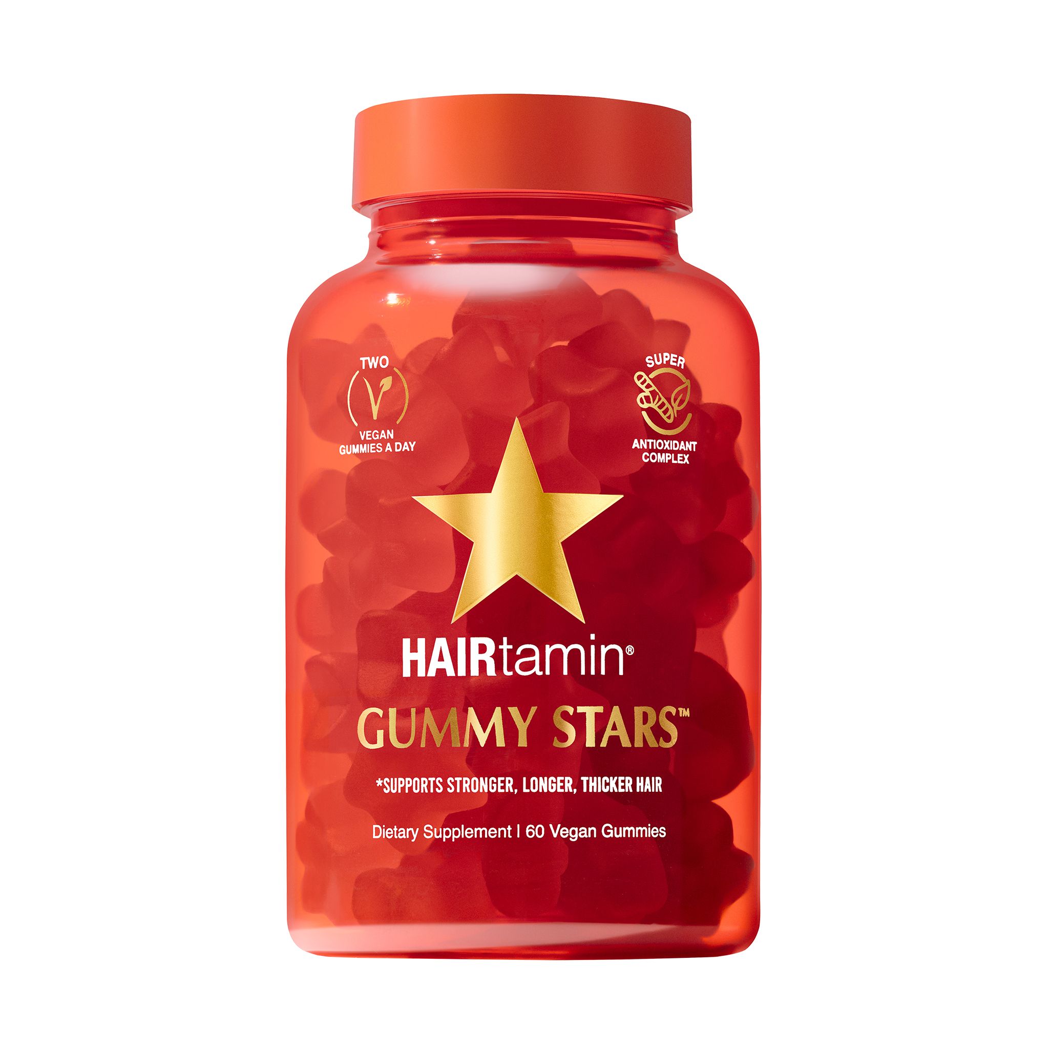 Rote Flasche mit Gummisternen. Aufschrift: HAIRtamin Gummy Stars. Enthält 60 vegane Gummis. Mit Stern-Logo.