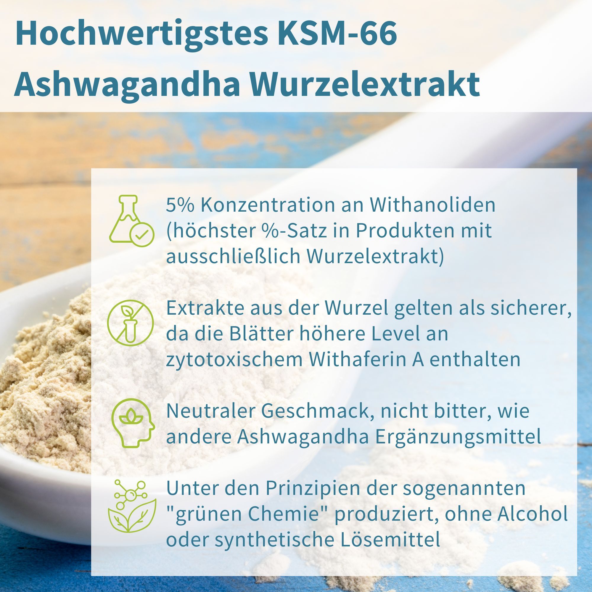 Nahaufnahme von KSM-66 Ashwagandha Wurzelpulver in einer Schale.