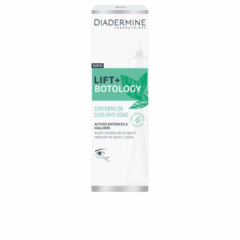 Diadermine Lift + Botology Eye Contour. Tube mit weißem Hintergrund. Text: Nuevo, Lift + Botology, Contorno de ojos anti-edad, Activos botánicos & hialuron.
