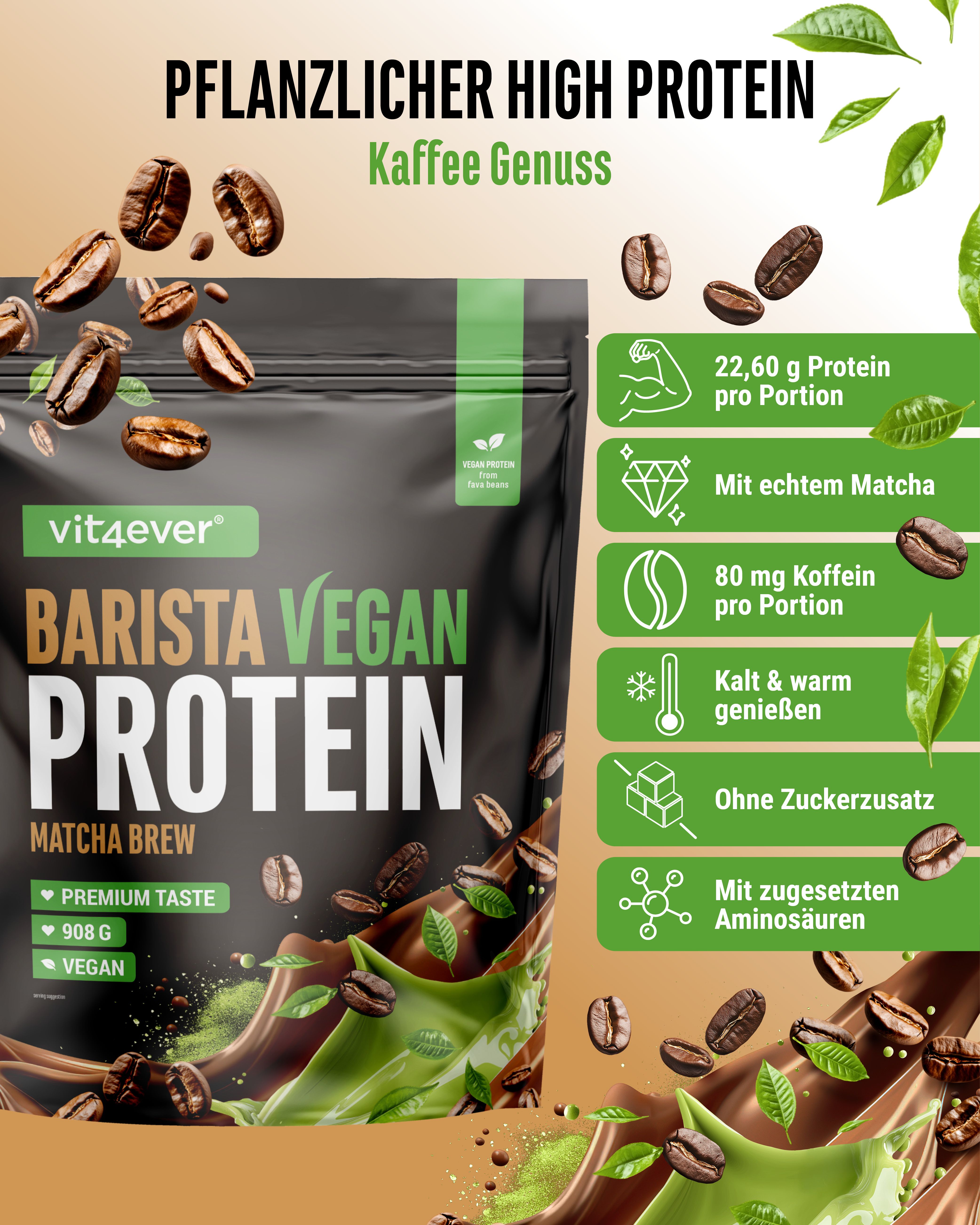 Verpackung "vit4ever Barista Vegan Protein Matcha Brew". Enthält Informationen zu Protein, Koffein und Aminosäuren. Kaffeebohnen und Blätter.