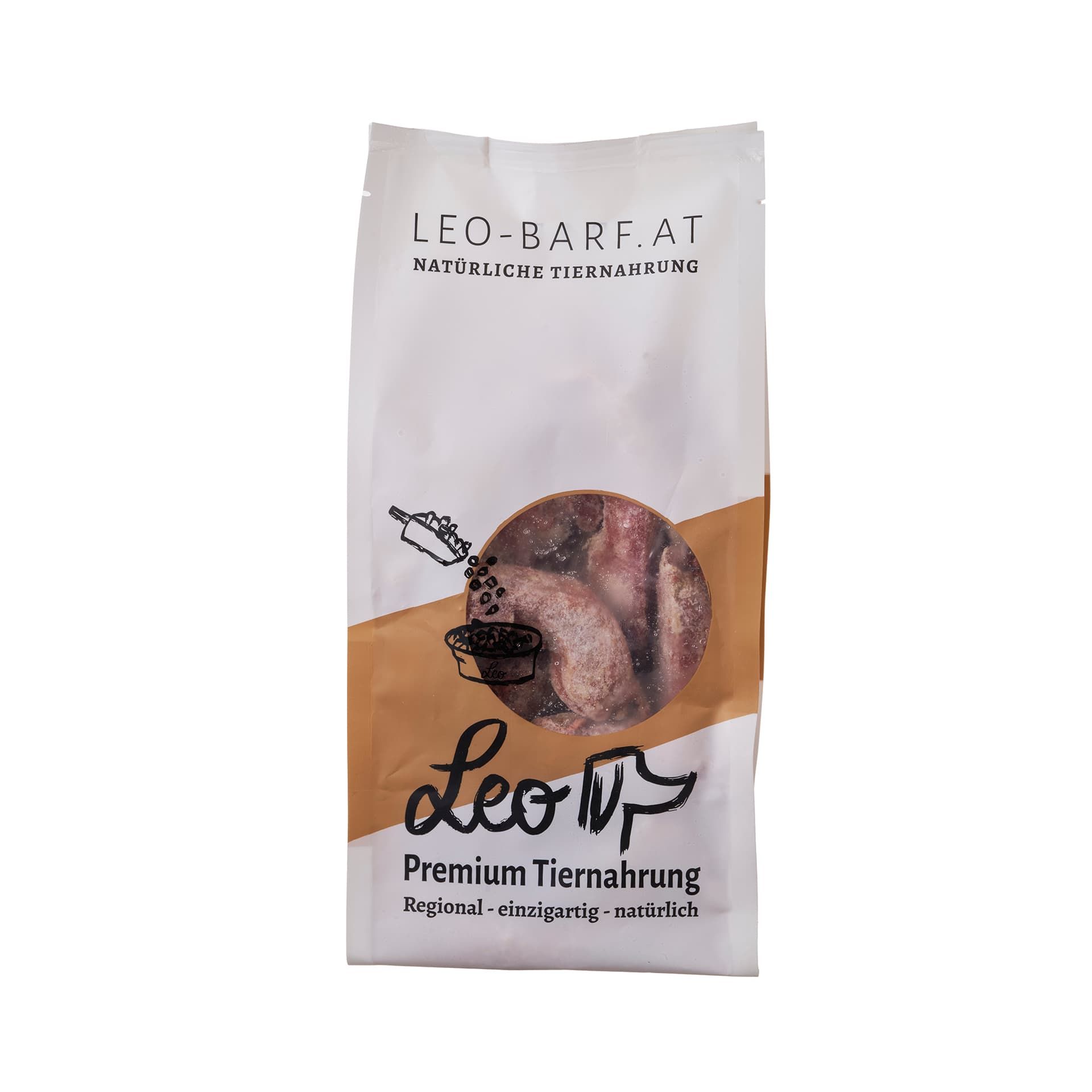 Verpackung für Leo Barf Premium Tiernahrung mit Abbildung von Fleisch und Körnern.