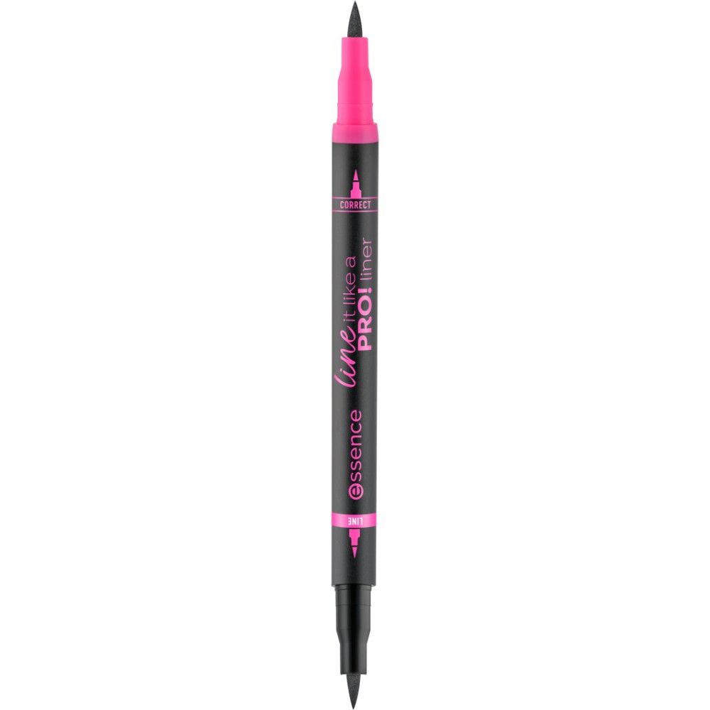 Doppel-Eyeliner mit schwarzer Spitze und pinkfarbenem Griff. Text: line like a PRO! essence.