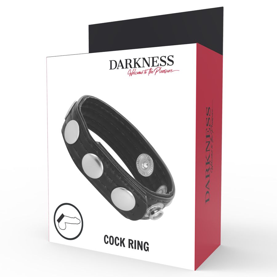 Produktverpackung mit einem Lederring und dem Markennamen 'DARKNESS'. Text 'COCK RING' und eine Piktogramm-Darstellung.