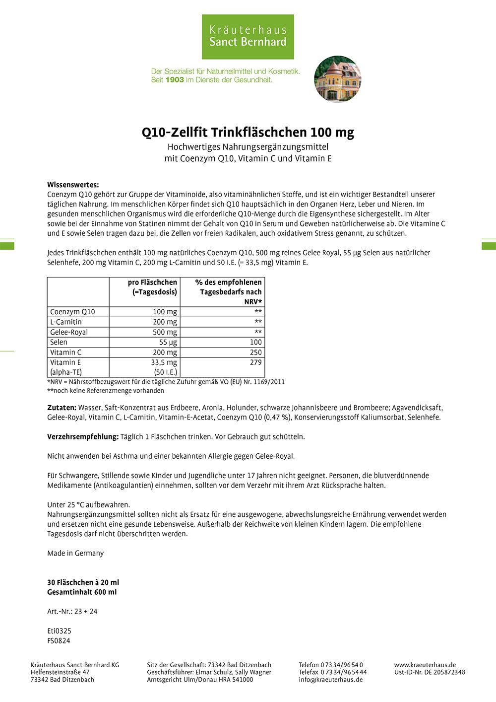 Beipackzettel mit Informationen zu Q10-Zellfit Trinkfläschchen. Enthält Informationen zu Inhaltsstoffen, Dosierung und Hersteller.