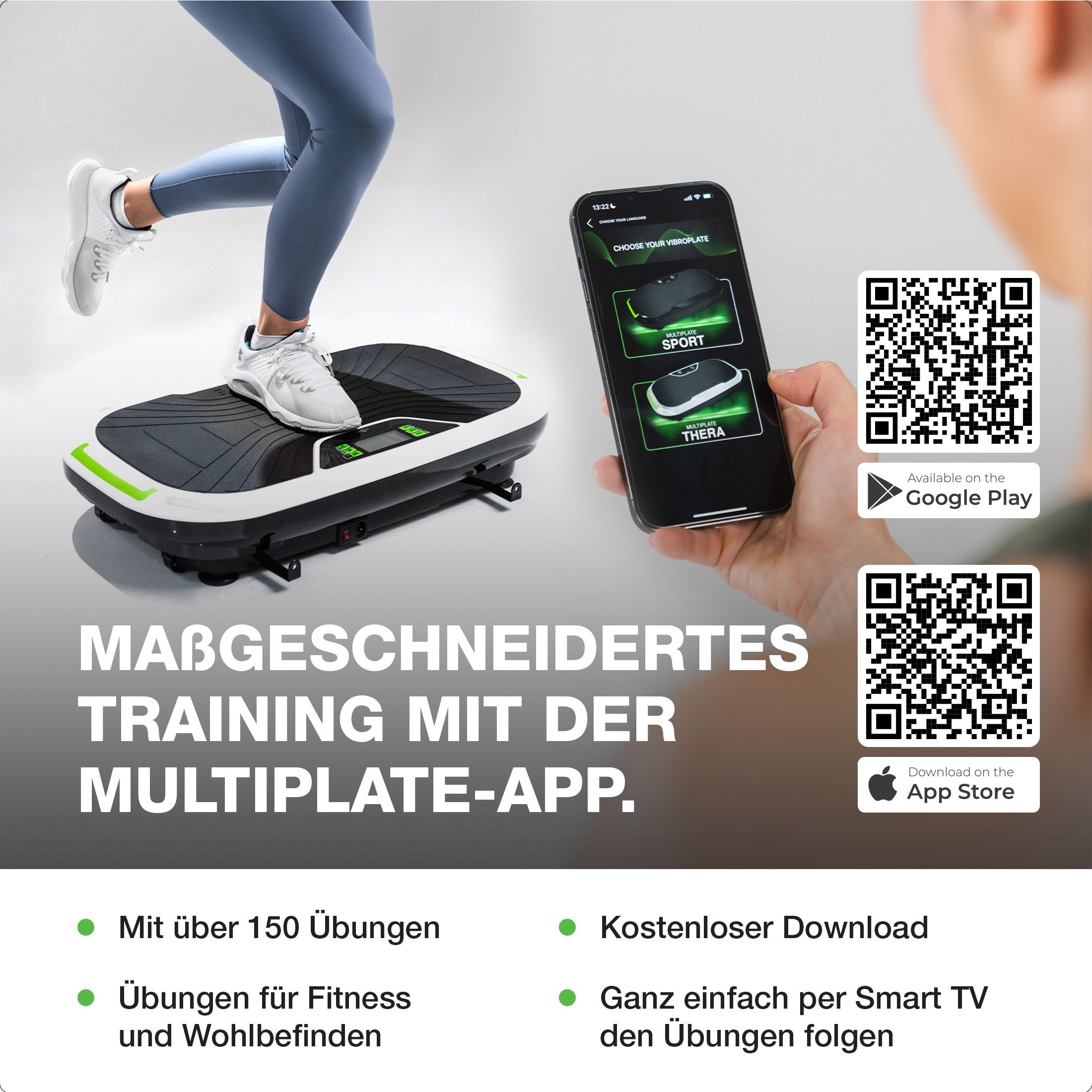 Vibrationsplatte und Smartphone. Text: Maßgeschneidertes Training mit der Multiplate-App. QR-Codes.