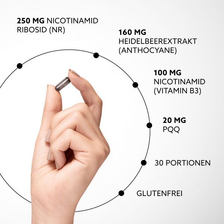 Hand hält Kapsel. Text: 250 MG Nicotinamid Ribosid, 160 MG Heidelbeerextrakt, 100 MG Nicotinamid, 20 MG PQQ, 30 Portionen, Glutenfrei.