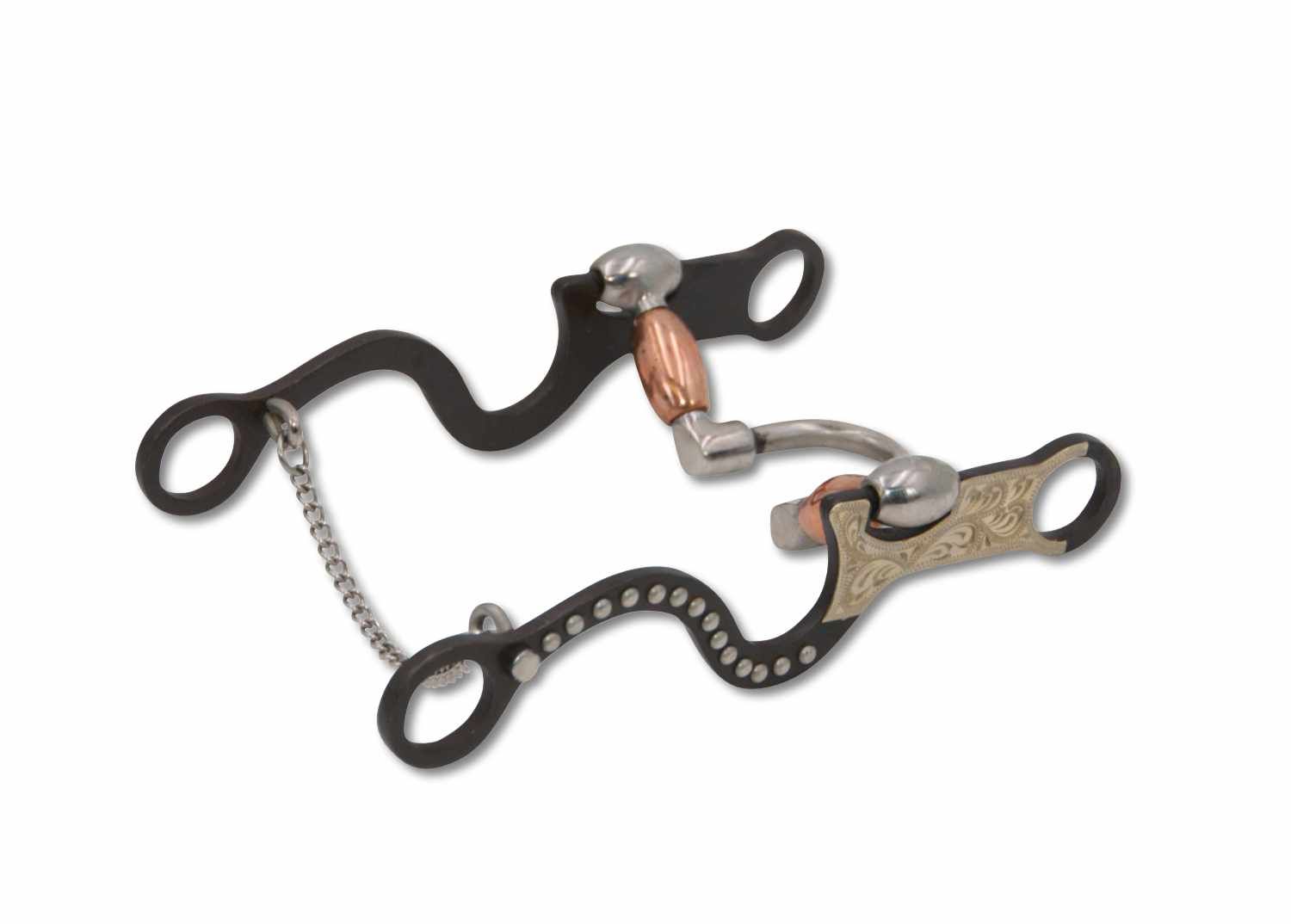 Gebiss, Metall, schwarz und silberfarben. Kette, Ziergravur. Mundstück mit Kupferakzenten.