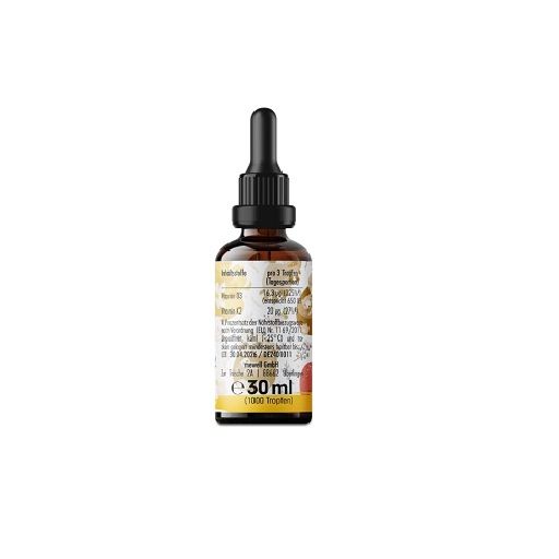ProFuel D3+K2 Kinder Tropfen Flasche. Braune Glasflasche mit Pipette. Etikett mit Text und 30 ml.
