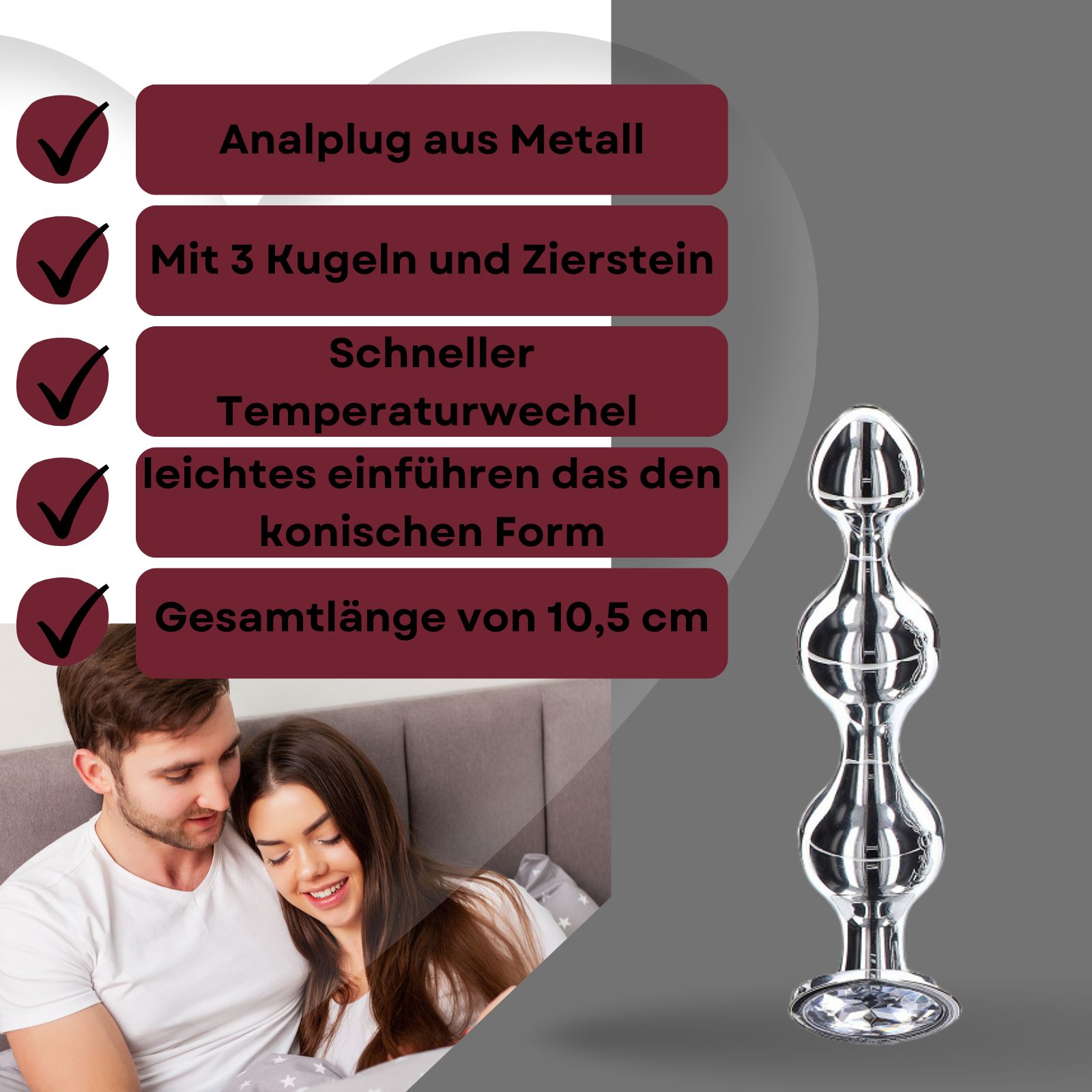 Analplug aus Metall mit 3 Kugeln und Zierstein. Konische Form, 10,5 cm lang. Schneller Temperaturwechsel.