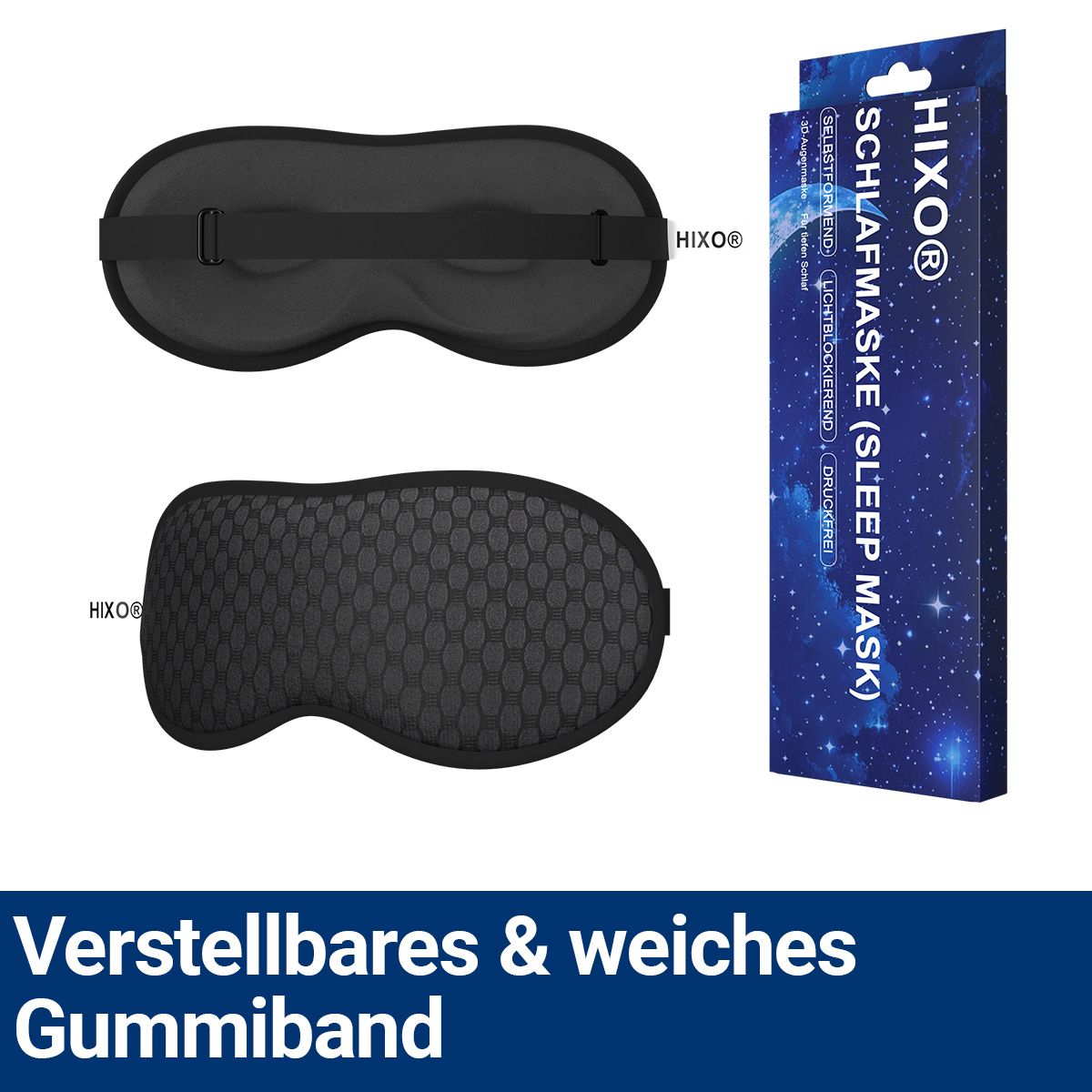 Schlafmaske, schwarz, mit verstellbarem Gummiband. Verpackung mit Produktname und Marke HIXO.