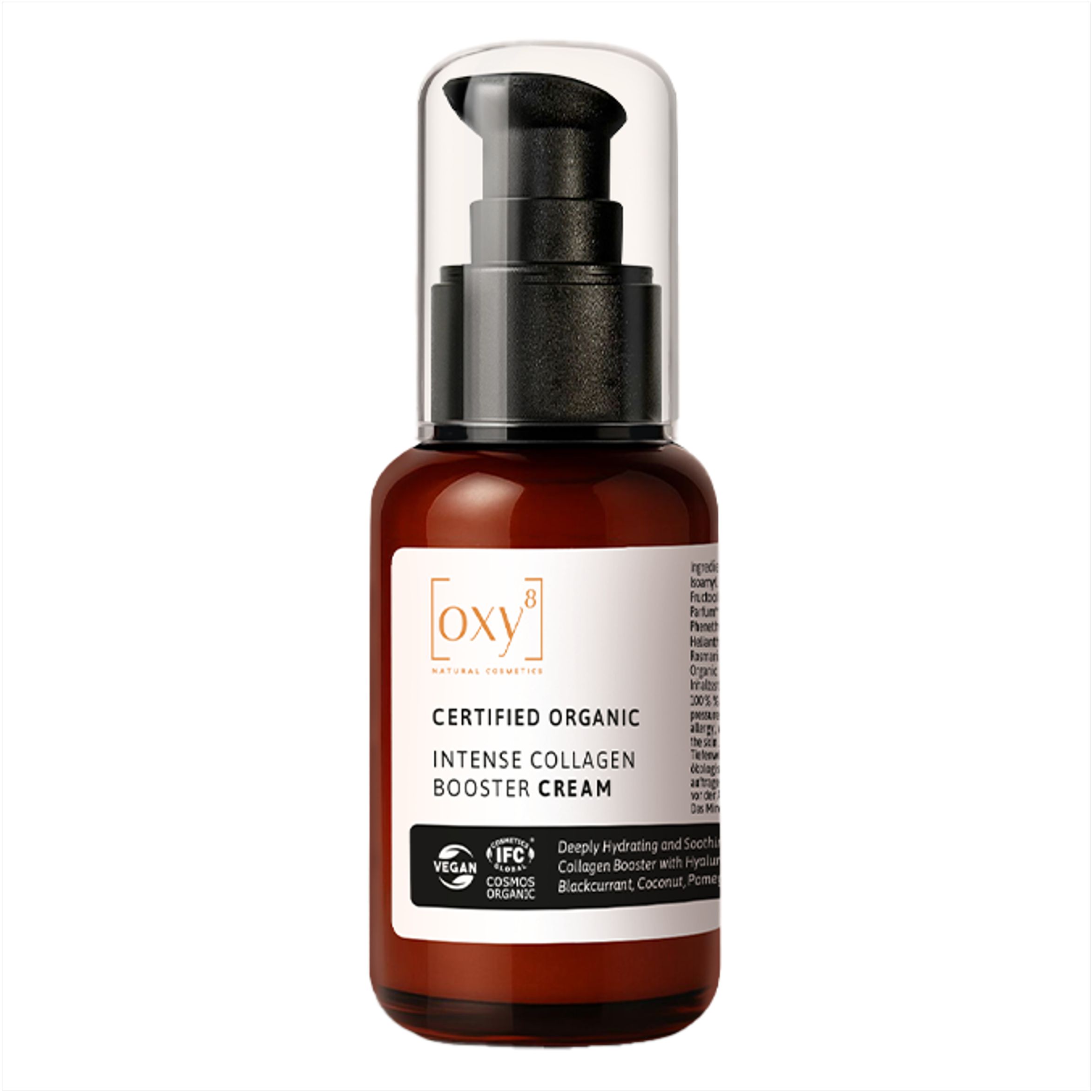 Braune Flasche mit Pumpe. Aufschrift: Intense Collagen Booster Cream. Zertifiziert Organic. Vegan.