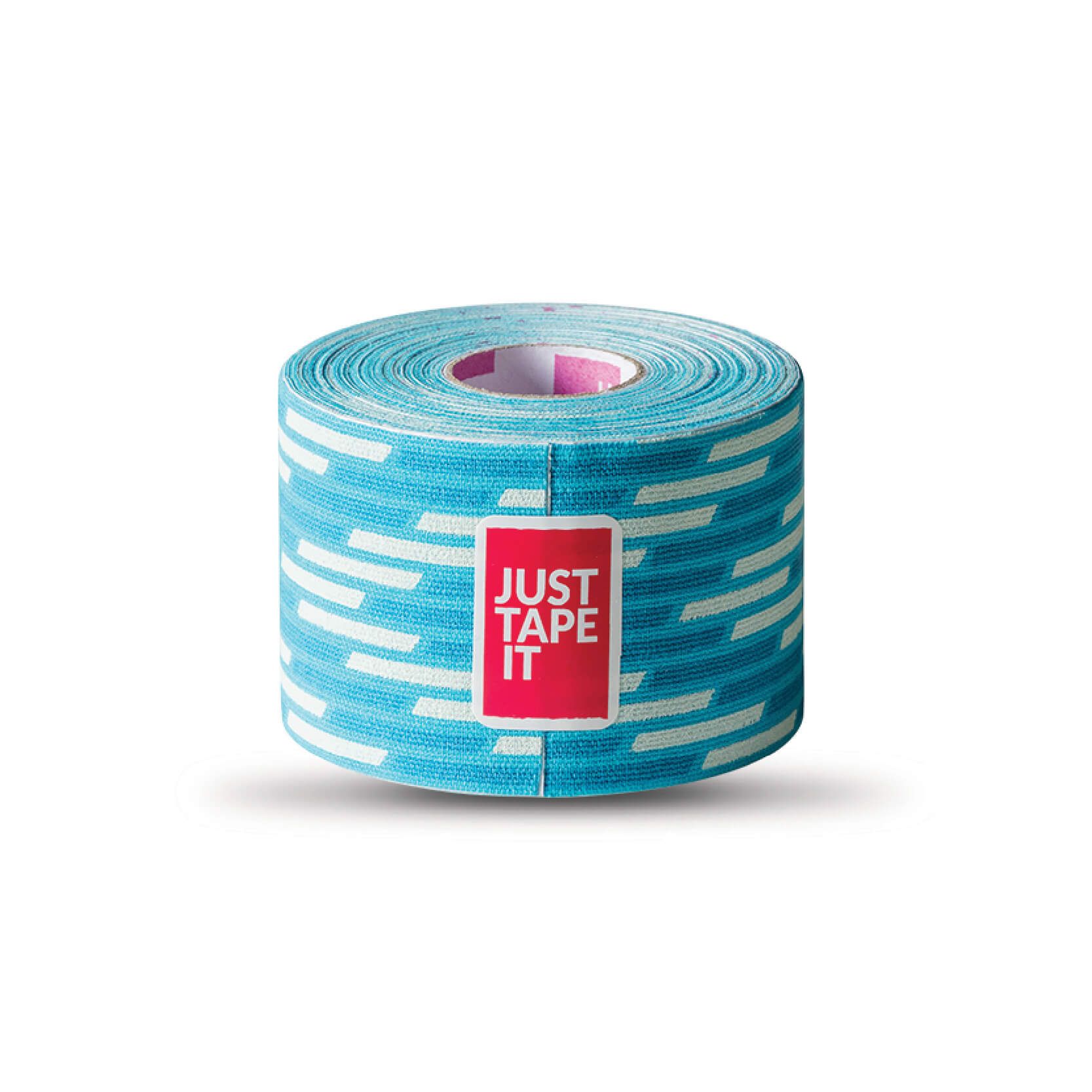 Kinesiotape-Rolle mit blau-weißem Streifenmuster und rotem "JUST TAPE IT" Logo.