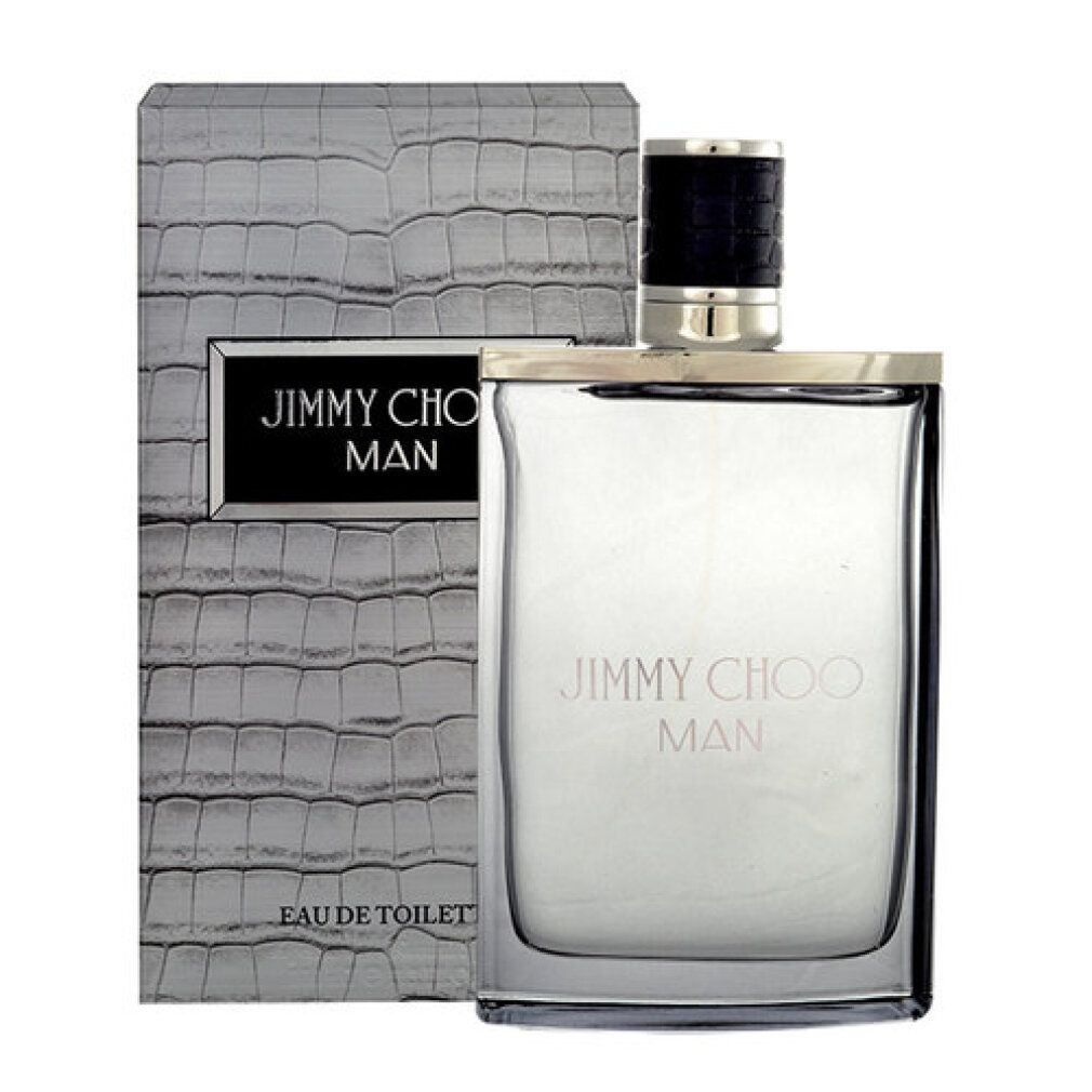 Jimmy Choo Man Eau de Toilette. Flakon und Verpackung. Verpackung mit silbernem Krokodilmuster. Aufschrift: Jimmy Choo Man.