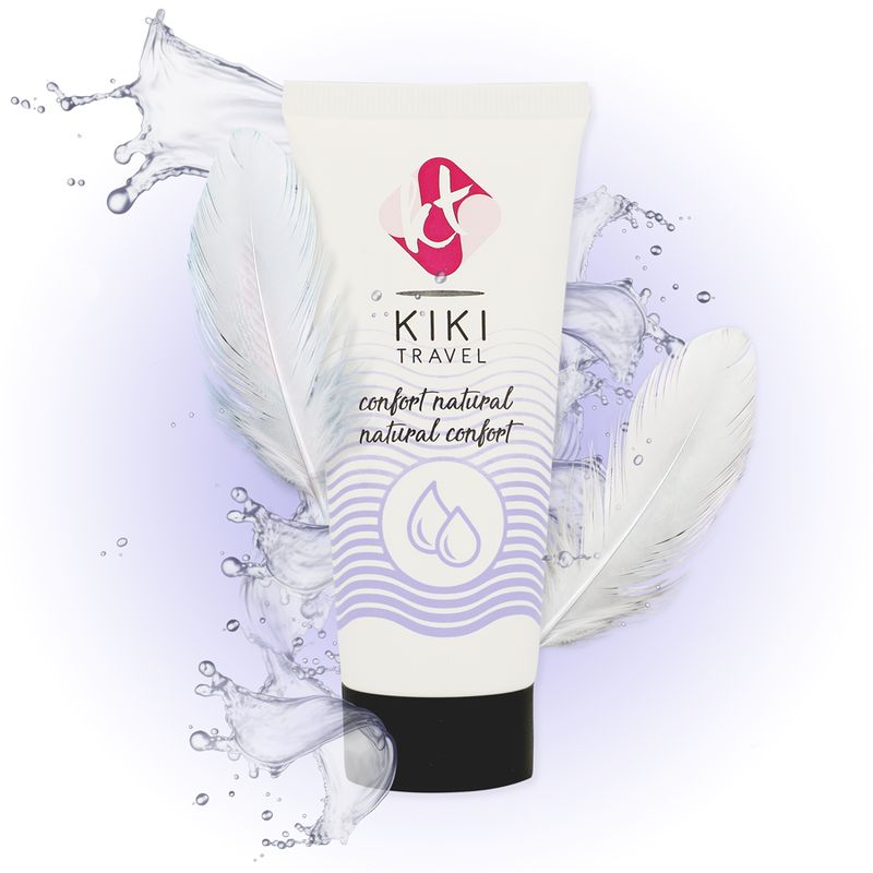 Kiki Travel Gleitgel Tube mit Federn und Wasserspritzern.