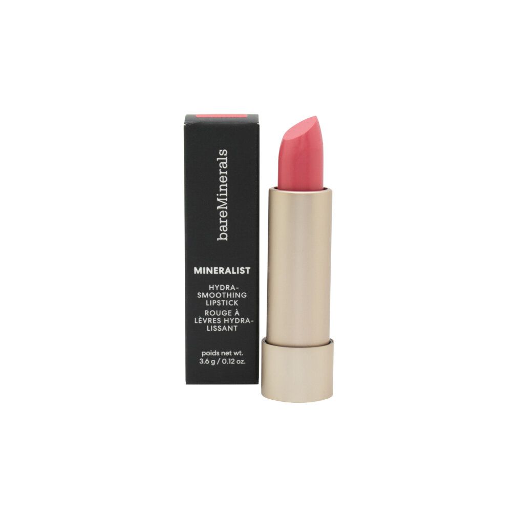 Rosafarbener Lippenstift neben schwarzer Verpackung. Marke: bareMinerals. Aufschrift: MINERALIST hydra-glättender Lippenstift.