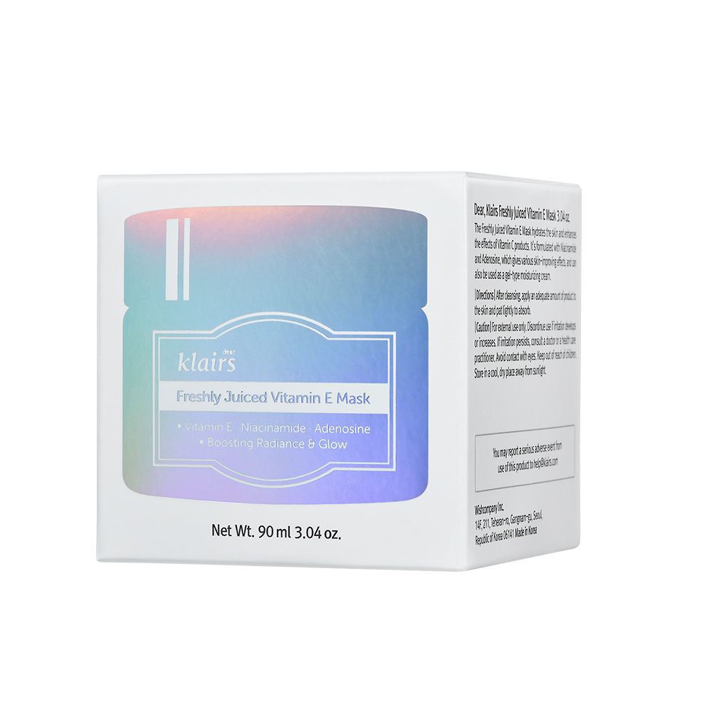 Die Verpackung der Freshly Juiced Vitamin E Maske mit holografischem Design.