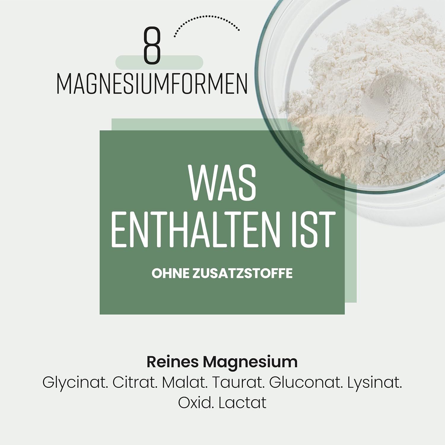 Magnesiumpulver in einer Schale, 8 Magnesiumformen.