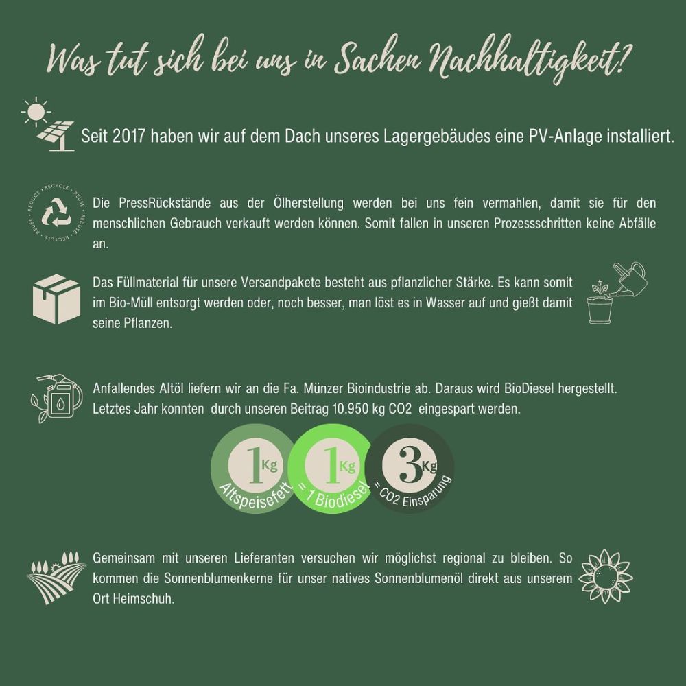 Infografik mit Text und Symbolen. Themen: Nachhaltigkeit, PV-Anlage, Verpackung, Biodiesel, regionale Lieferanten.