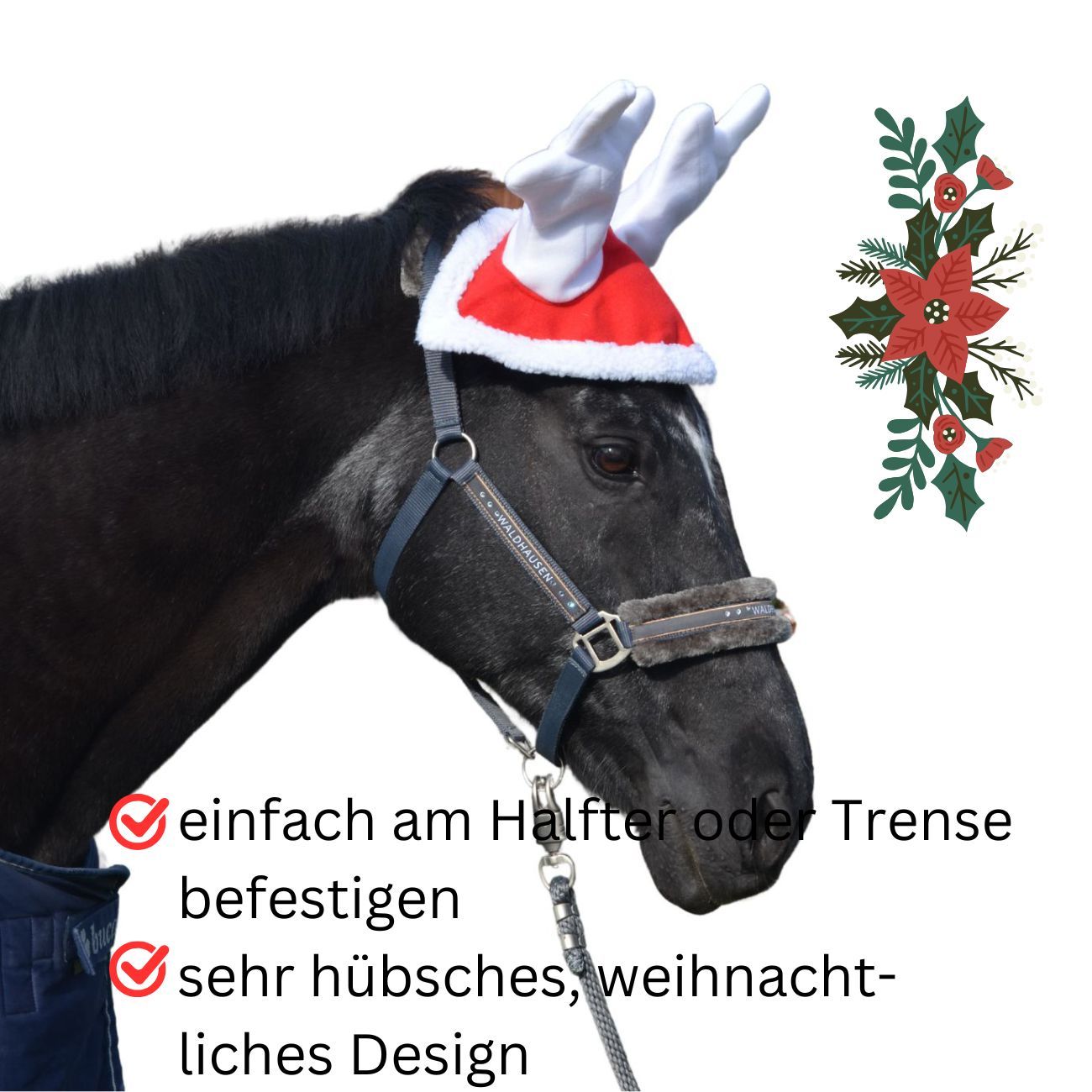 Pferd mit Rentiermütze und Halfter. Text: einfach am Halfter oder Trense befestigen, sehr hübsches, weihnachtliches Design.