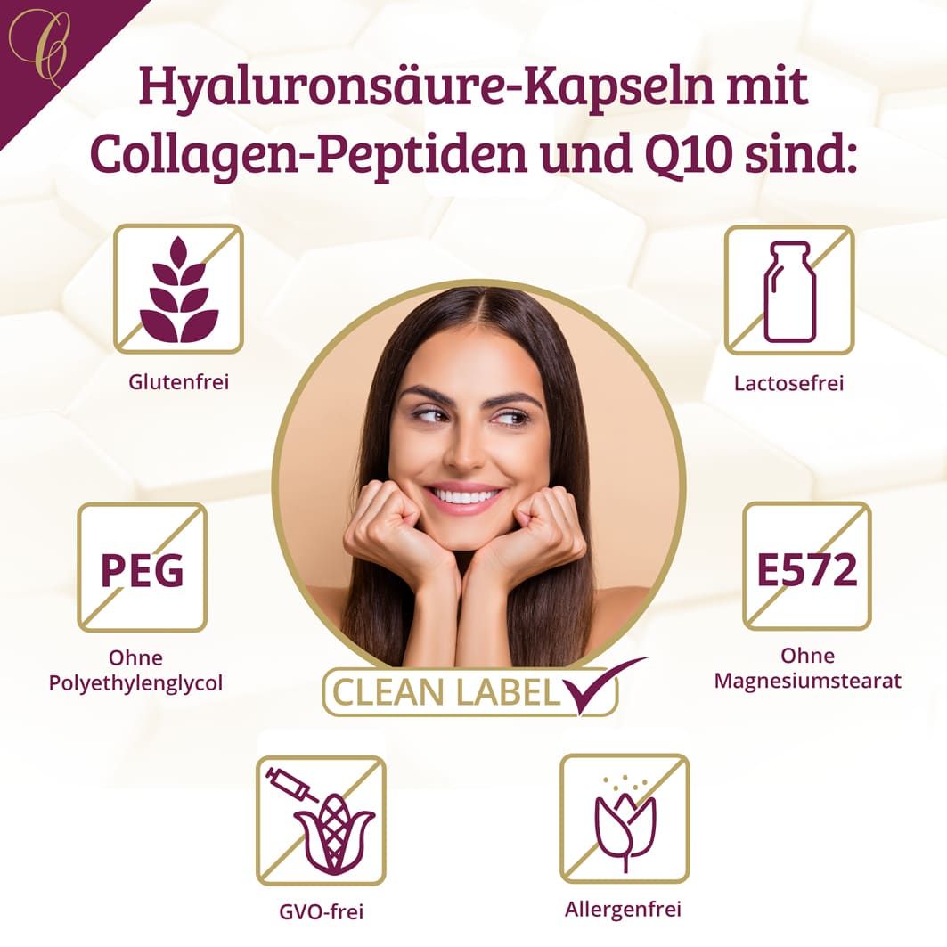 Grafik mit Frau und Symbolen. Zeigt Symbole für glutenfrei, laktosefrei, ohne PEG, ohne Magnesiumstearat, GVO-frei und allergenfrei.