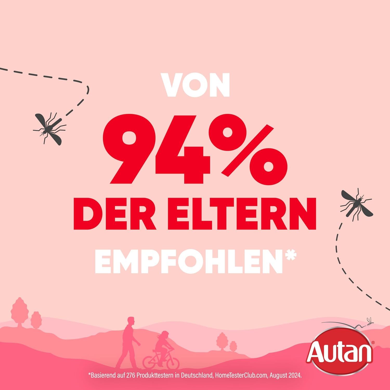 Rosa Hintergrund mit Text: Von 94% der Eltern empfohlen. Autan Logo unten rechts. Illustrationen von Mücken und Personen beim Spazierengehen und Radfahren.