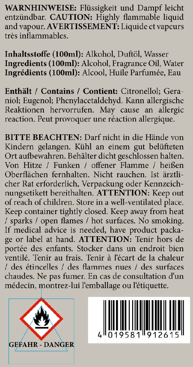 Text auf grauem Hintergrund. Warnhinweise, Inhaltsstoffe, Enthält, Bitte beachten, Gefahrensymbol, Barcode.