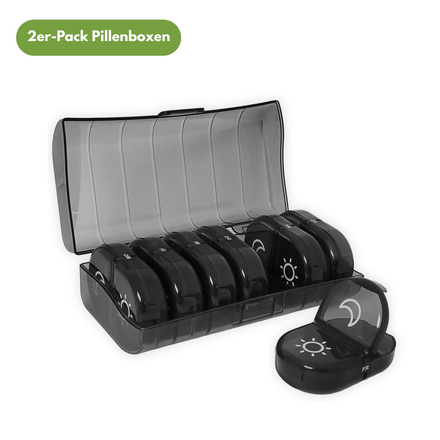 Tablettenbox, 7-Tage-Box mit 2 Fächern. Schwarzes Gehäuse mit einzelnen Tagesboxen. Deckel mit Sonne und Mond Symbolen.