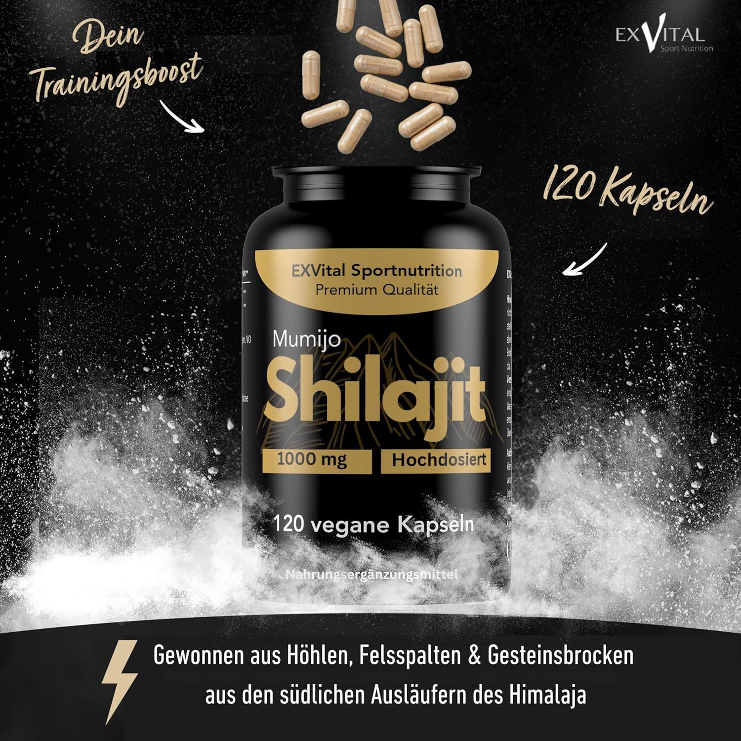 Schwarze Dose EXVital Shilajit Kapseln, 1000mg. "Shilajit dell'Himalaya" Anhänger.